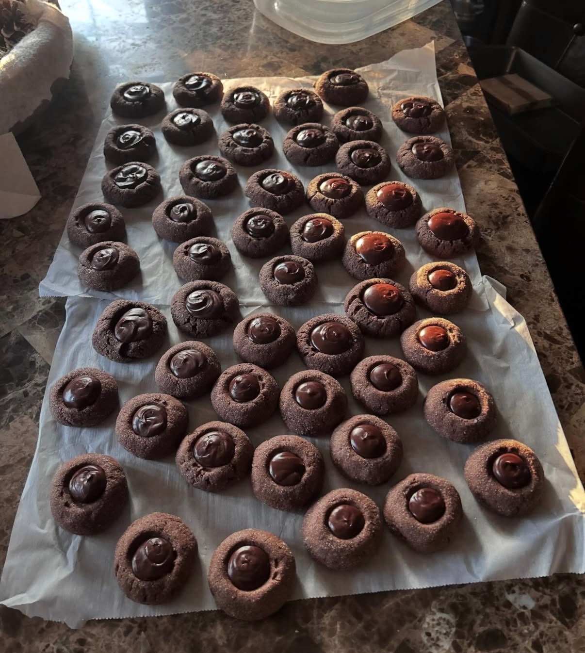 Chocolate thumbprint cookies with ganache filling